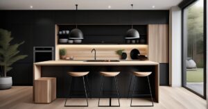 Kuchnia czarna z drewnem: inspiracje 2023. Aranżacje i blaty.